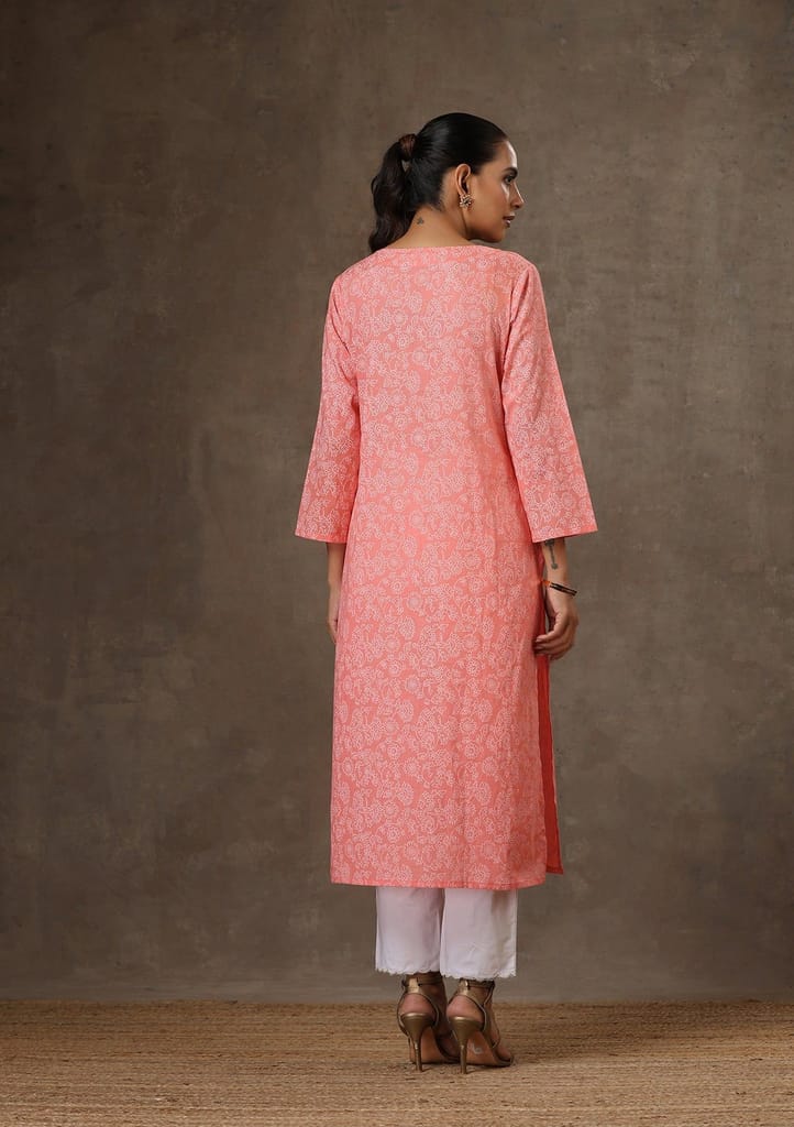 HOC Crafts Cotton Hand Embroidered Printed Women's Long Kurta - Peach