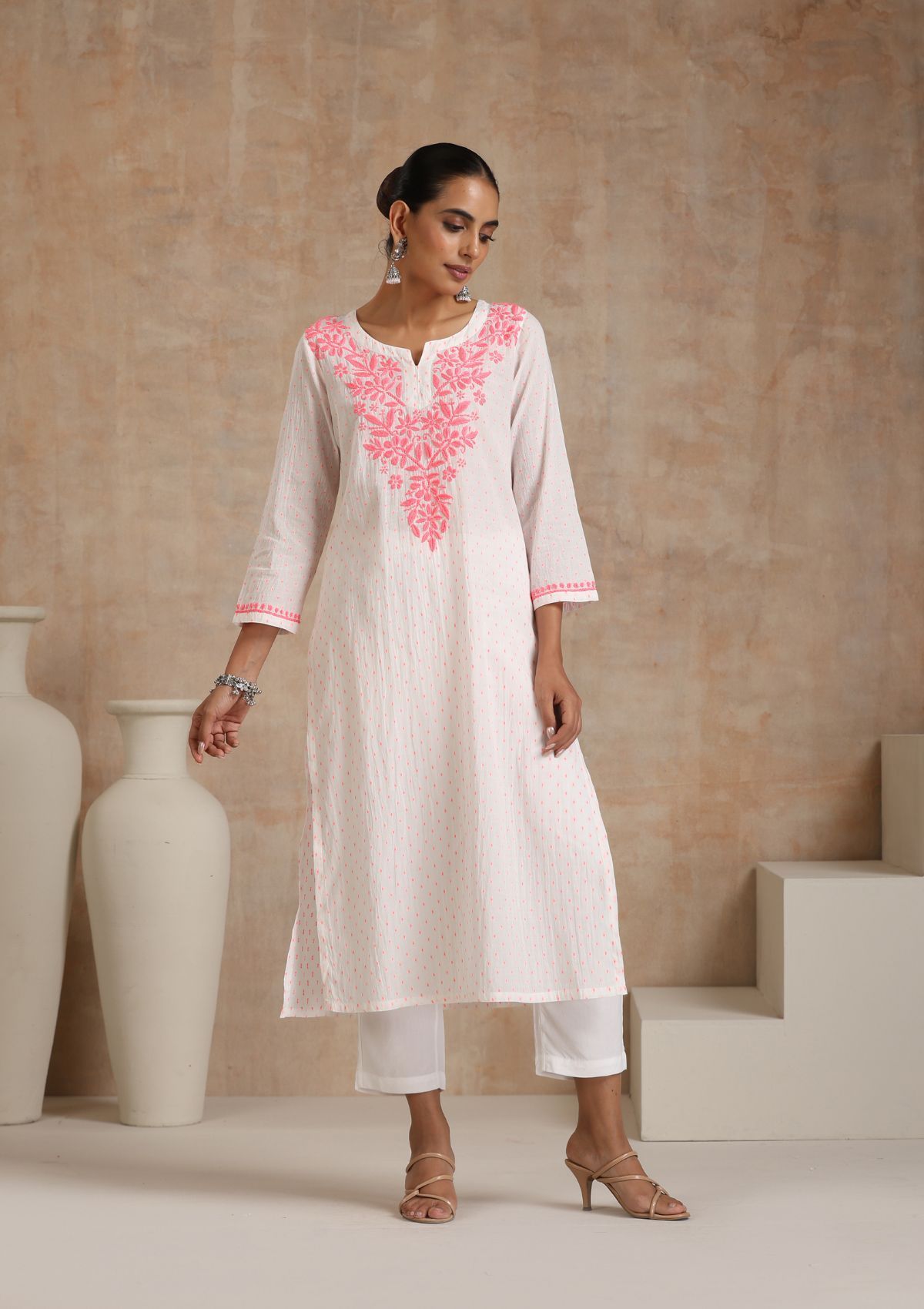 Cotton Chikankari Solid Women's Long Kurta - White
