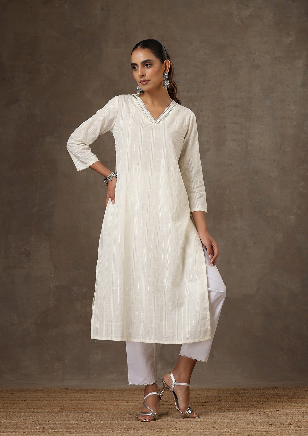 HOC Crafts Cotton Hand Embroidered Solid Women's Long Kurta - White