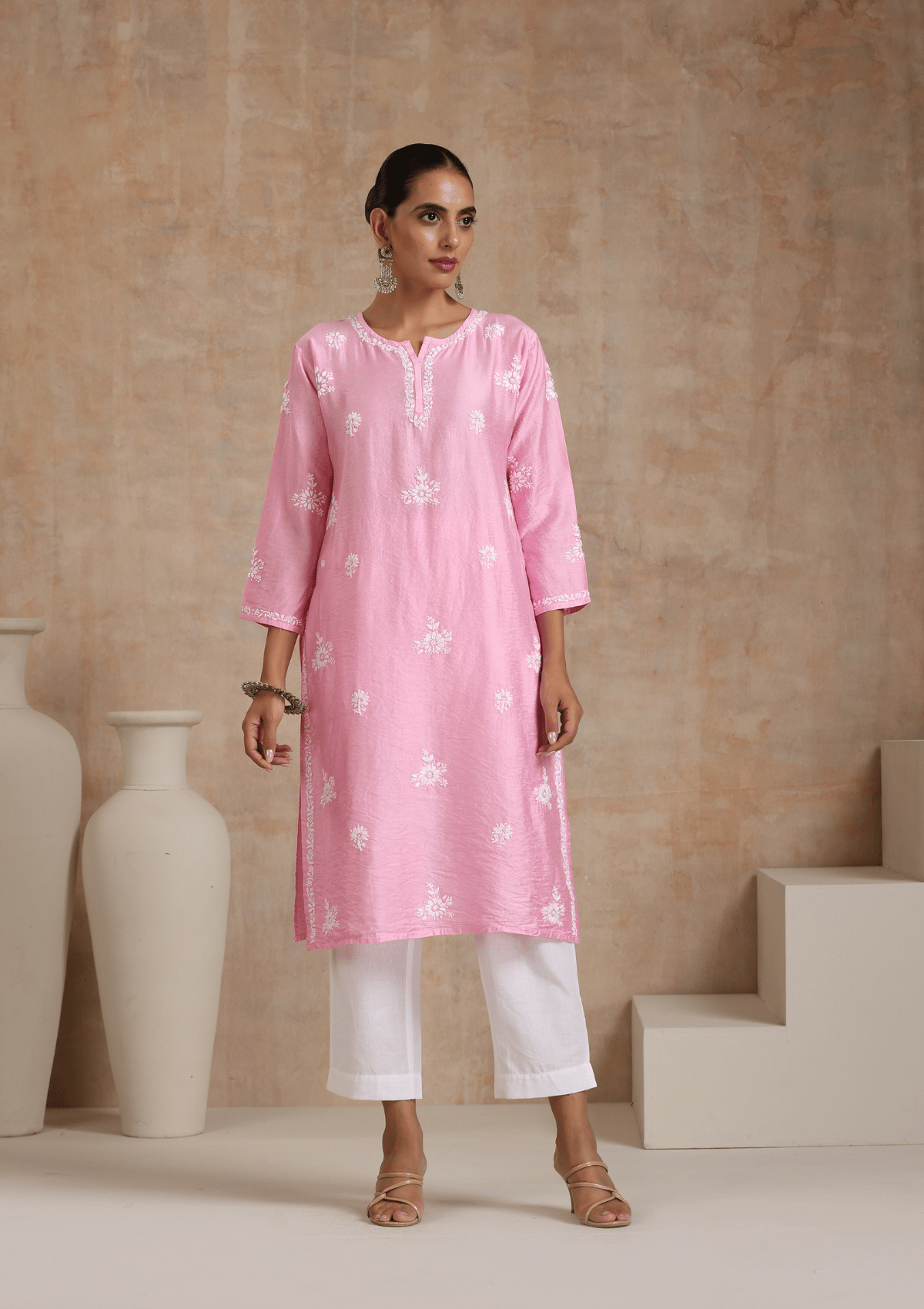 Chanderi Chikankari Solid Women's Long Kurta - Pink