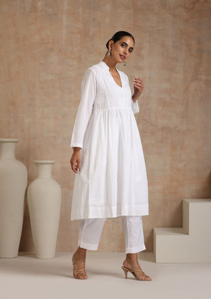 Cotton Chikankari Solid Women's Long Kurta - White