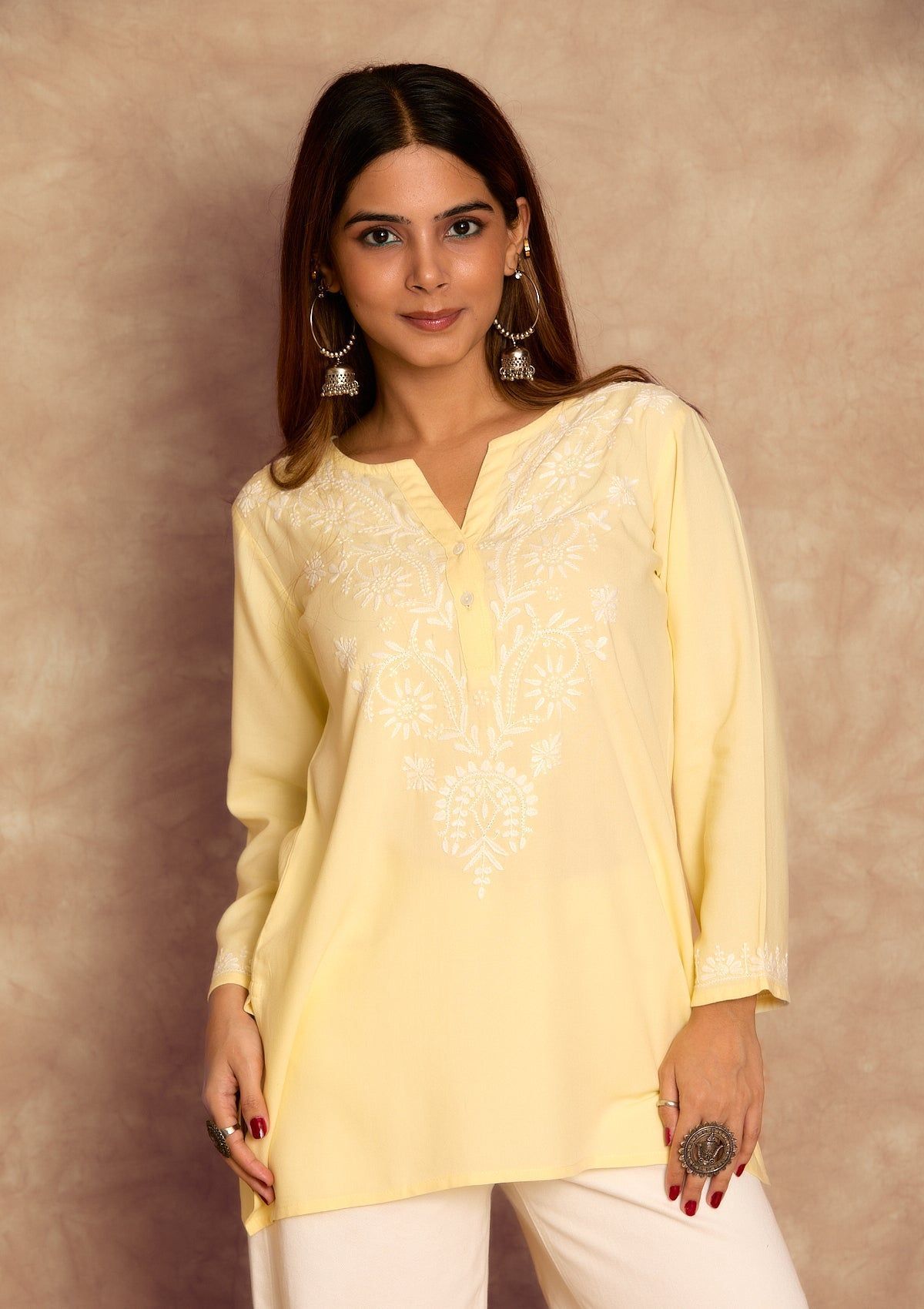 Rayon Chikankari Solid Women's Short Kurta - Yellow