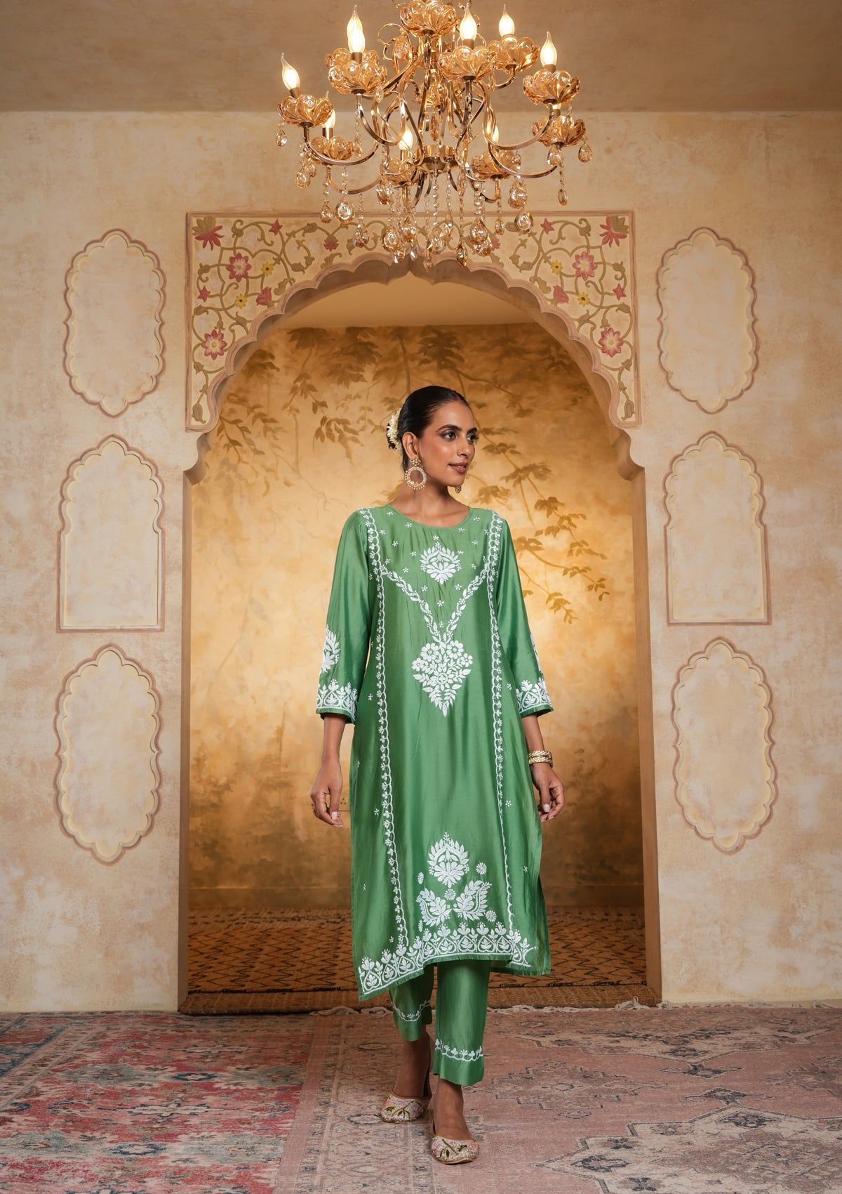 Chanderi Chikankari Solid Women's 2 PC Long Kurta Set - Green