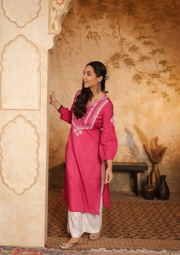Chanderi Chikankari Solid Women's Long Kurta - Pink