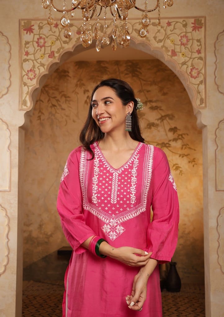 Chanderi Chikankari Solid Women's Long Kurta - Pink