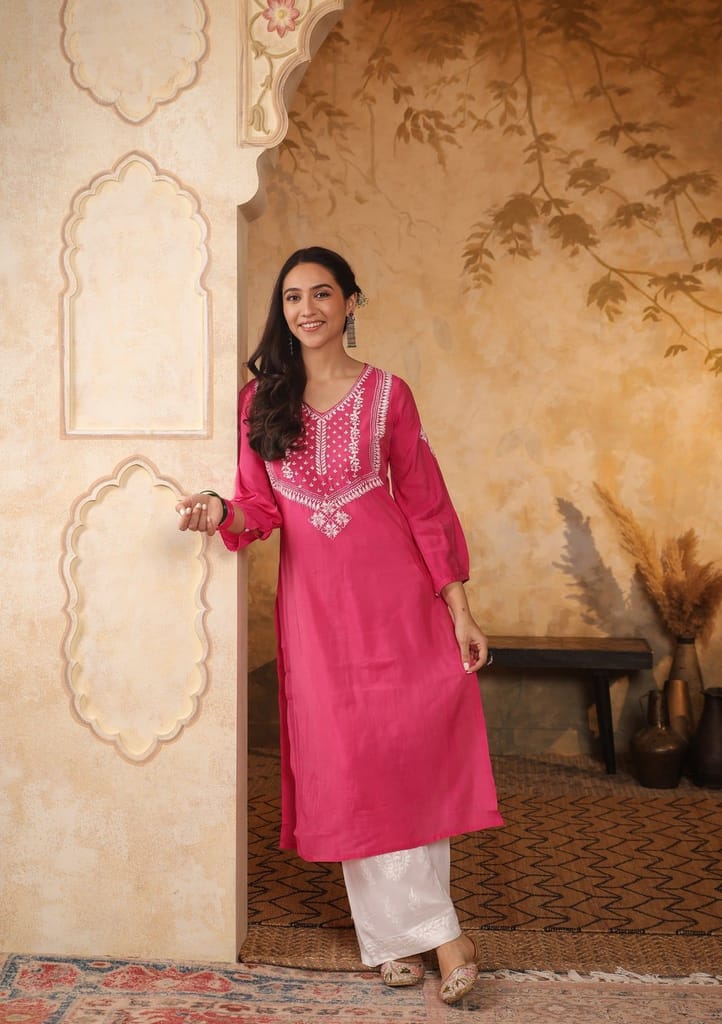 Chanderi Chikankari Solid Women's Long Kurta - Pink