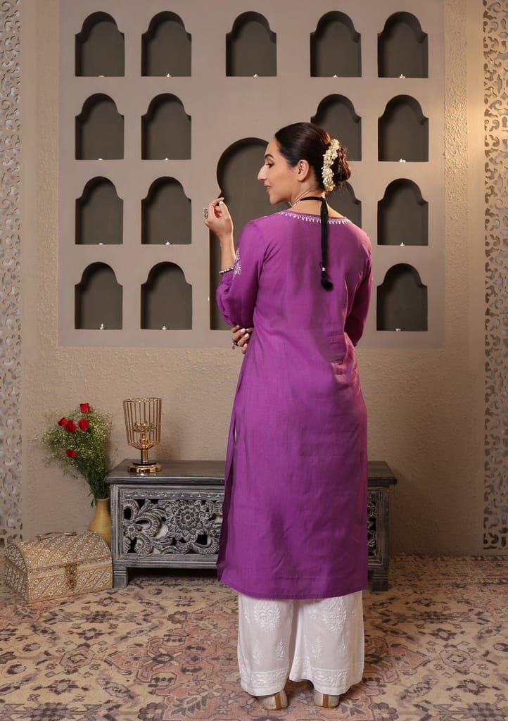 Chanderi Chikankari Solid Women's Long Kurta - Purple