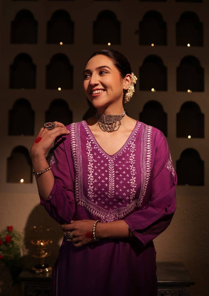 Chanderi Chikankari Solid Women's Long Kurta - Purple
