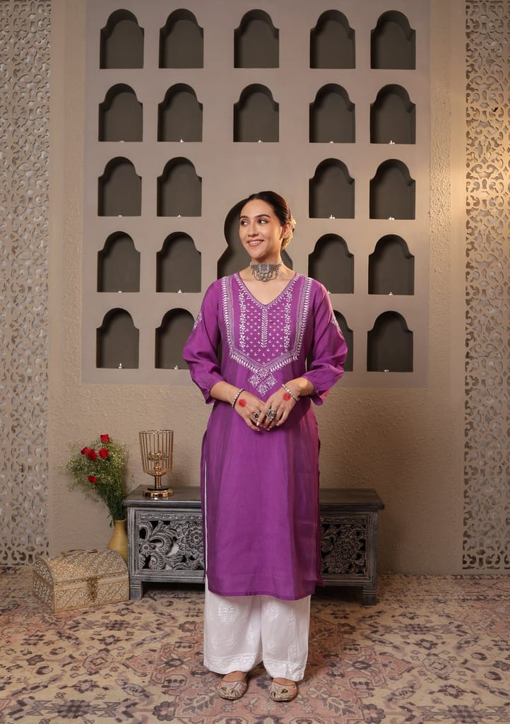 Chanderi Chikankari Solid Women's Long Kurta - Purple