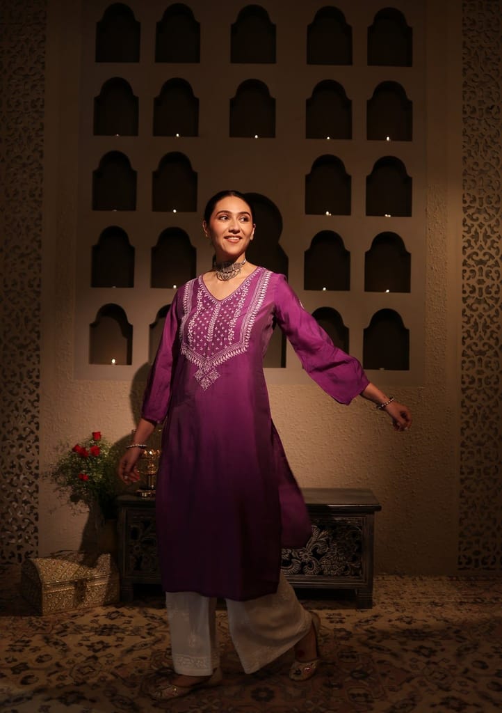 Chanderi Chikankari Solid Women's Long Kurta - Purple