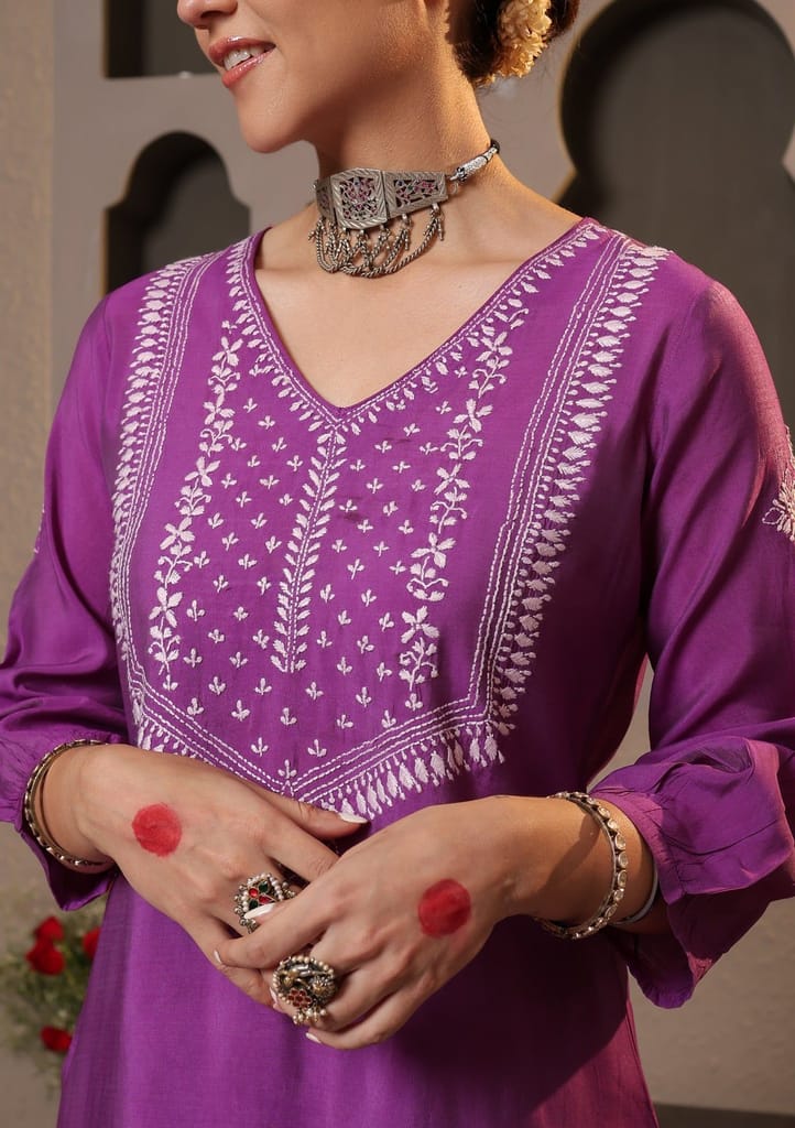 Chanderi Chikankari Solid Women's Long Kurta - Purple