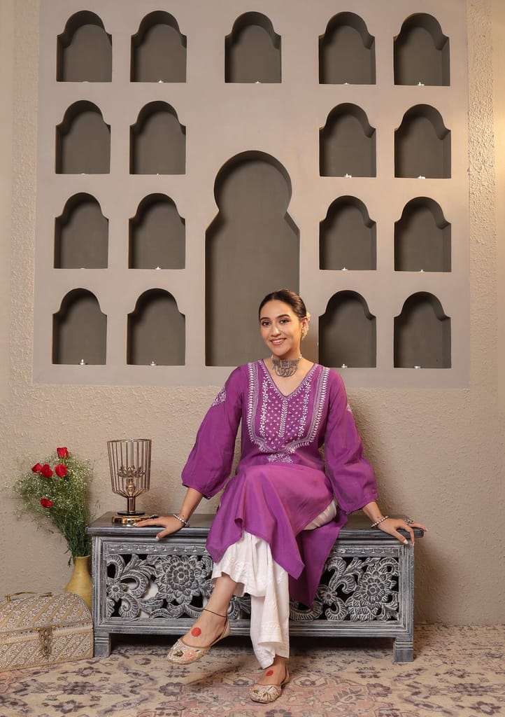 Chanderi Chikankari Solid Women's Long Kurta - Purple
