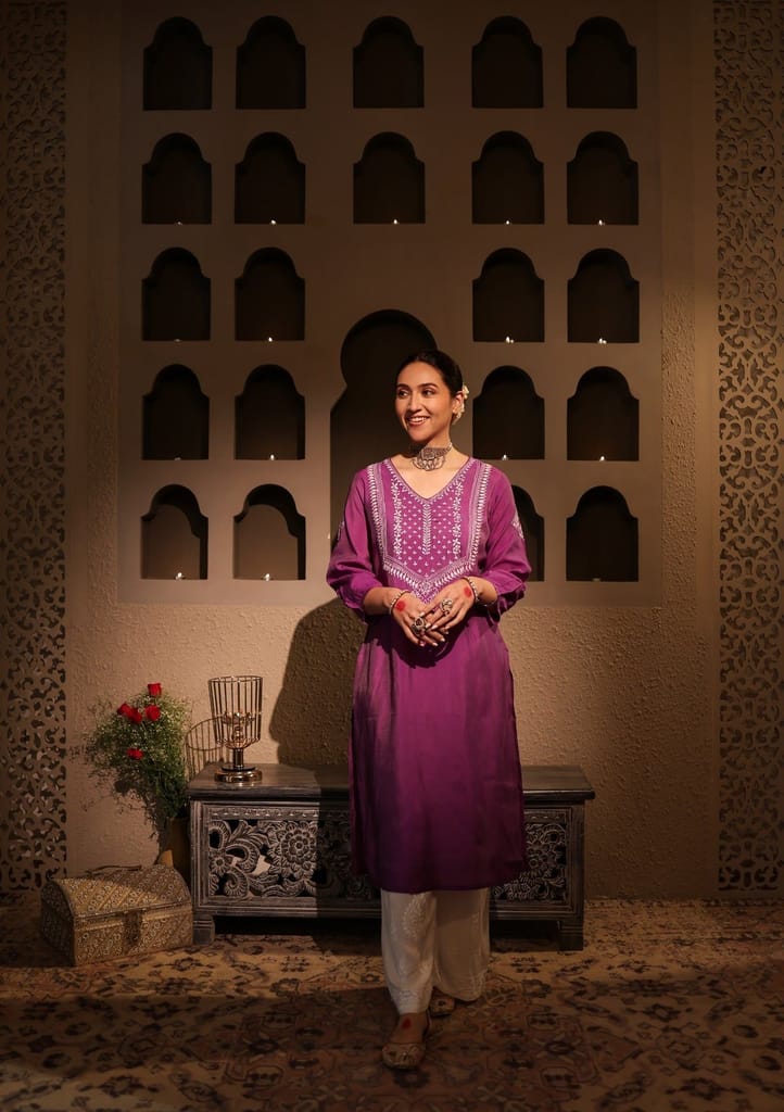 Chanderi Chikankari Solid Women's Long Kurta - Purple