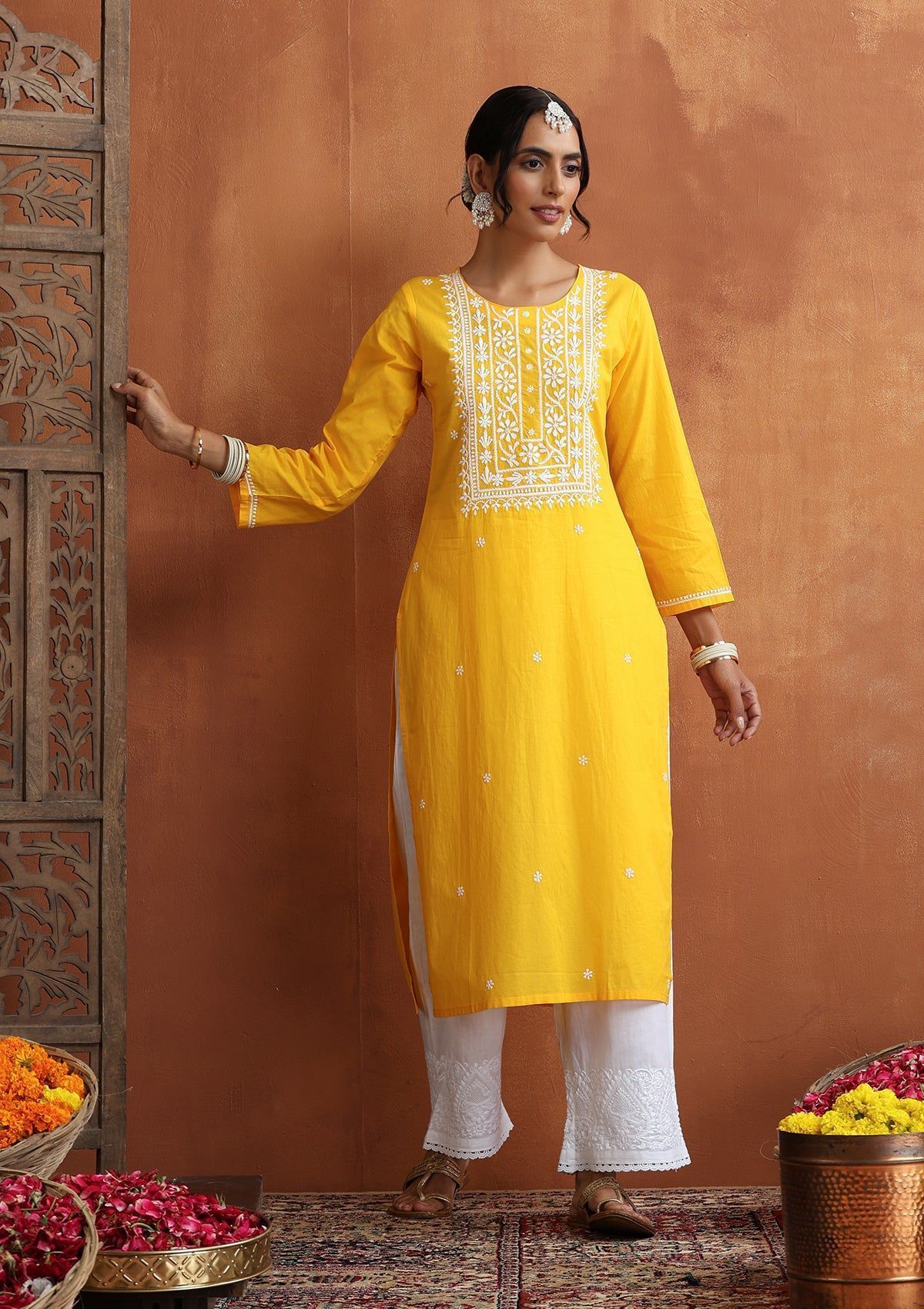 Cotton Chikankari Solid Women's Long Kurta - Yellow