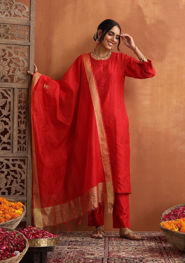 Chanderi Chikankari Solid Women's 4 PC Long Kurta Set with dupatta - Red
