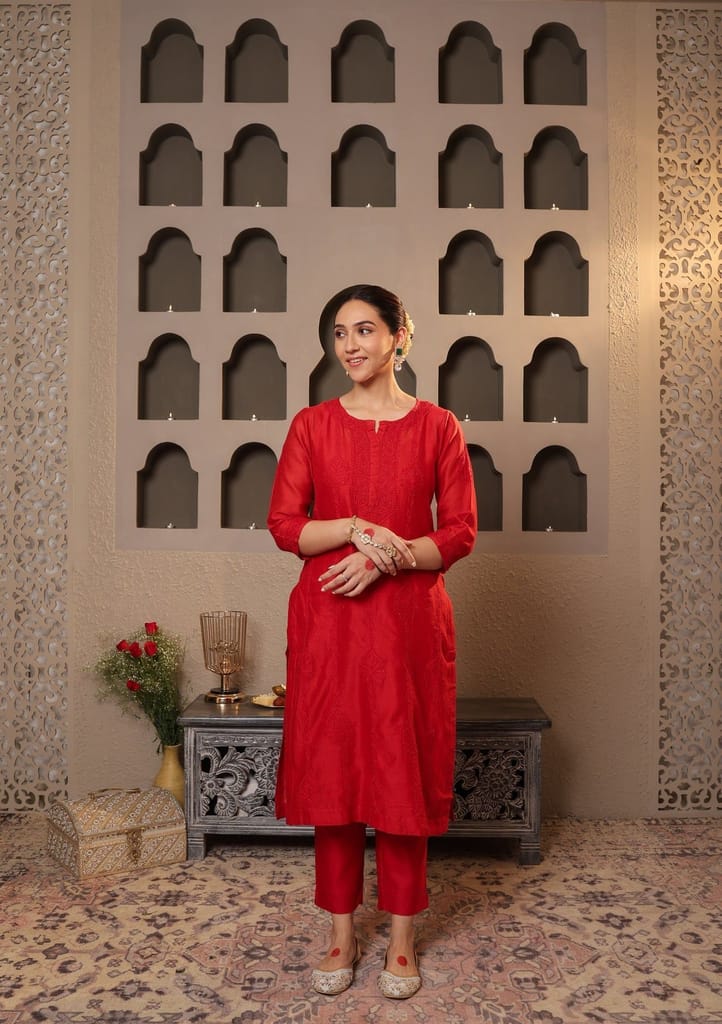 Chanderi Chikankari Solid Women's 4 PC Long Kurta Set with dupatta - Red