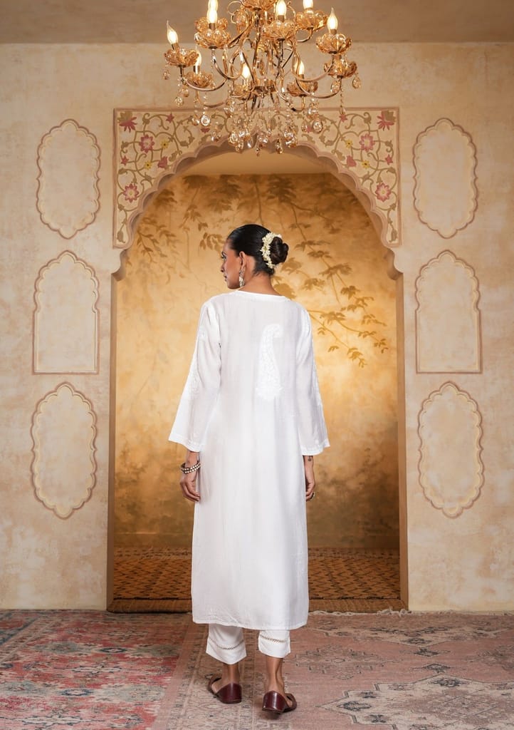 Chanderi Chikankari Solid Women's Long Kurta - White