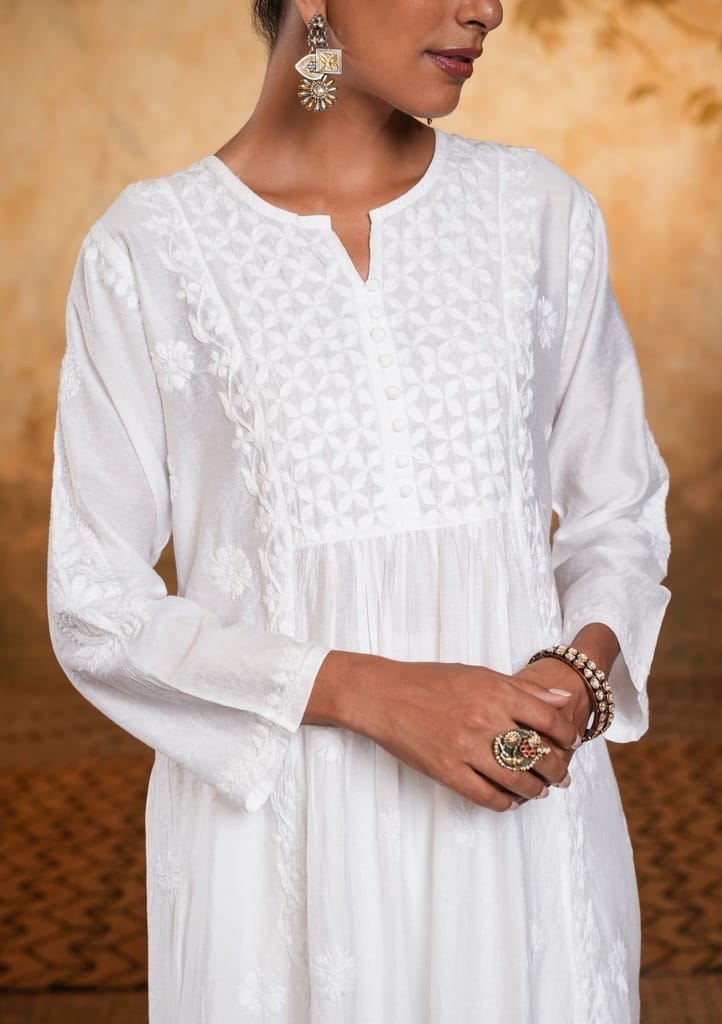 Chanderi Chikankari Solid Women's Long Kurta - White