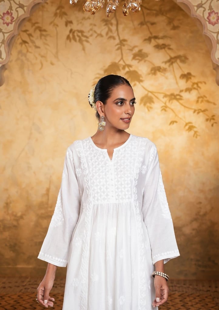 Chanderi Chikankari Solid Women's Long Kurta - White