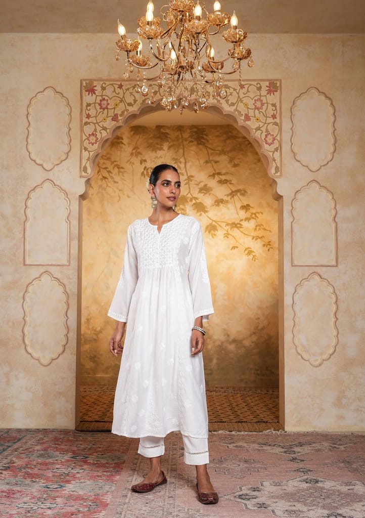 Chanderi Chikankari Solid Women's Long Kurta - White