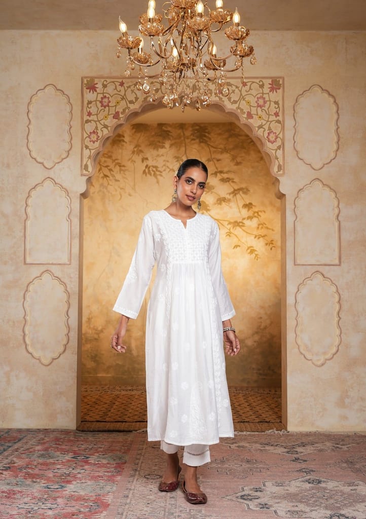 Chanderi Chikankari Solid Women's Long Kurta - White