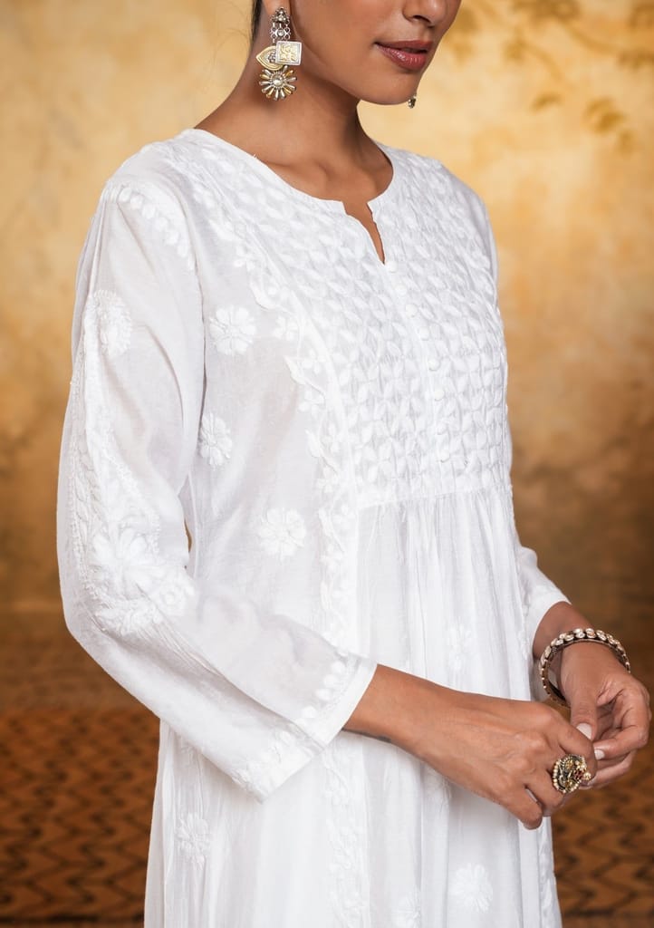 Chanderi Chikankari Solid Women's Long Kurta - White