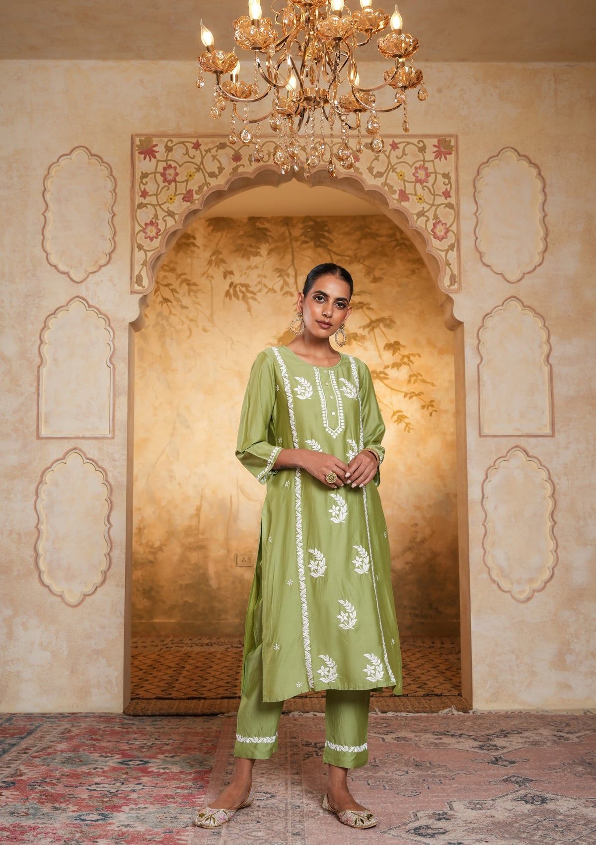 Chanderi Chikankari Solid Women's 2 PC Long Kurta Set - Green