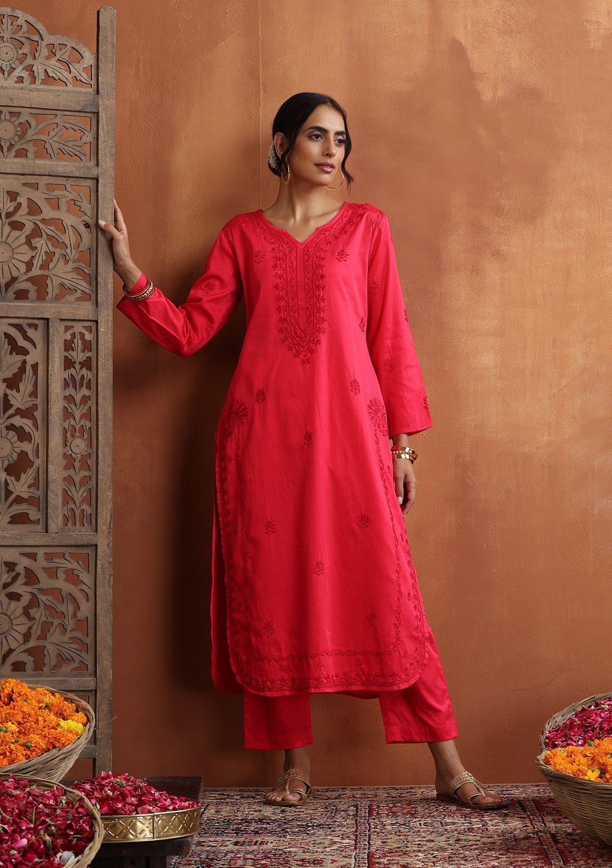 Jaam Silk Chikankari Solid Women's 2 PC Long Kurta Set - Pink