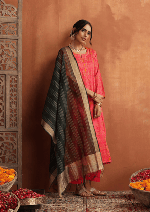 HOC Crafts Glazed Cotton Hand Block Printed with Hand Embroidery Women's 3 PC Long Kurta Set with dupatta - Pink HOC Crafts Glazed Cotton Hand Block Printed with Hand Embroidery Women's 3 PC Long Kurta Set with dupatta - Pink