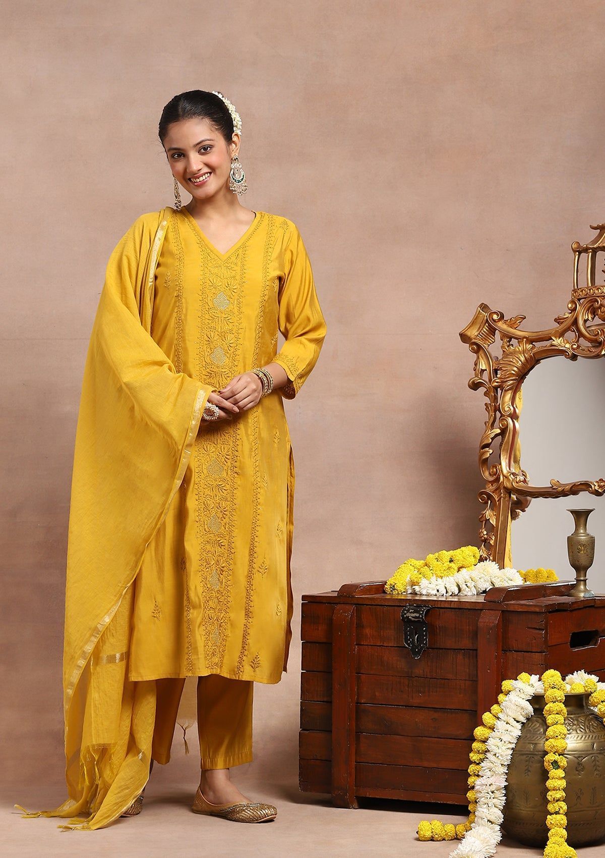 Chanderi Chikankari Mukaish Solid Women's 4 PC Long Kurta Set - Mustard Yellow