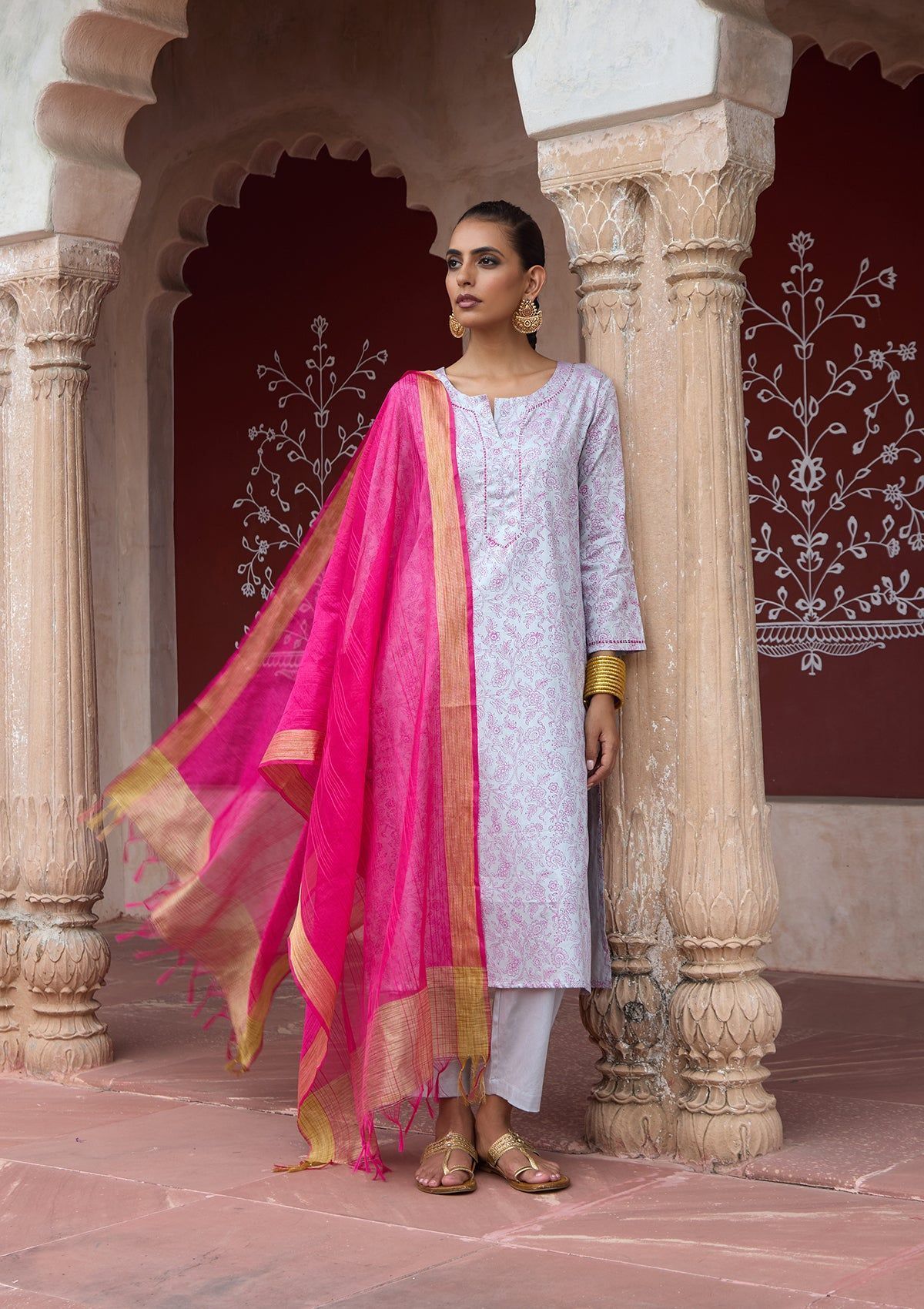 HOC Crafts Glazed Cotton Hand Block Printed with Hand Embroidery  Women's 3 PC Long Kurta Set with dupatta  - Grey