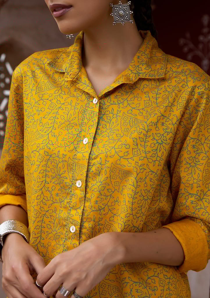 HOC Crafts Glazed Cotton Hand Block Printed with Hand Embroidery Women's 2 PC Co-ord Set - Mustard