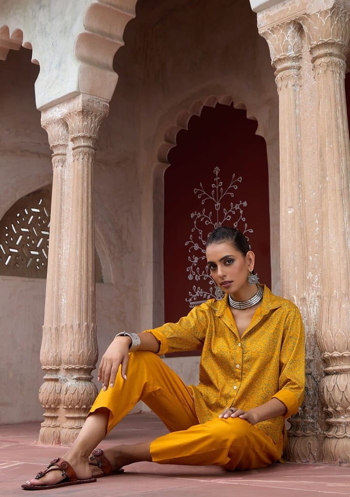 HOC Crafts Glazed Cotton Hand Block Printed with Hand Embroidery Women's 2 PC Co-ord Set - Mustard