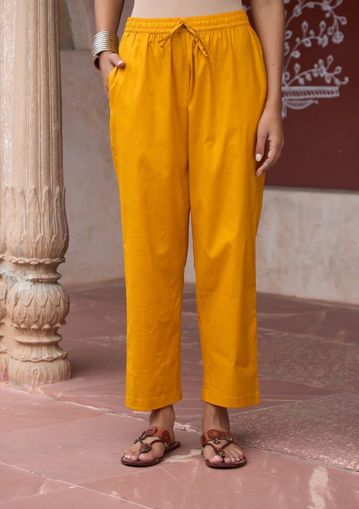 HOC Crafts Glazed Cotton Hand Block Printed with Hand Embroidery Women's 2 PC Co-ord Set - Mustard