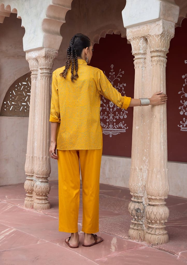 HOC Crafts Glazed Cotton Hand Block Printed with Hand Embroidery Women's 2 PC Co-ord Set - Mustard