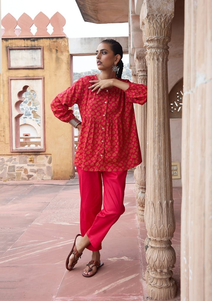 HOC Crafts Glazed Cotton Hand Block Printed with Hand Embroidery Women's 2 PC Co-ord Set - Pink