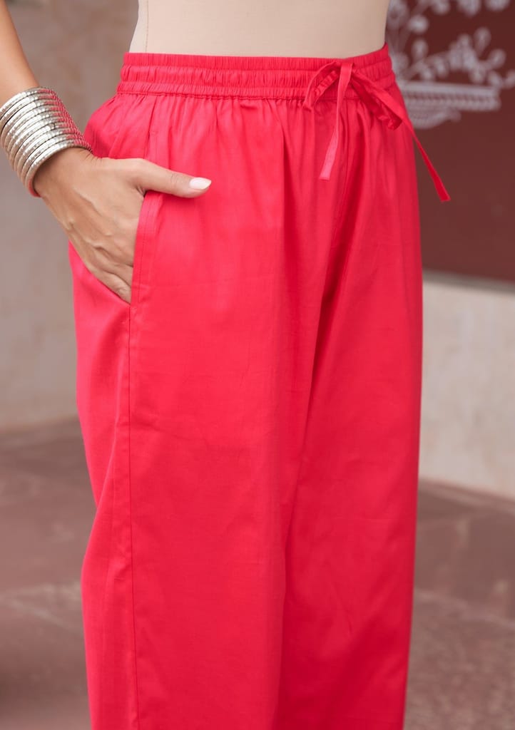 HOC Crafts Glazed Cotton Hand Block Printed with Hand Embroidery Women's 2 PC Co-ord Set - Pink