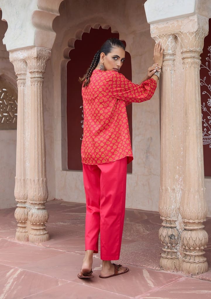 HOC Crafts Glazed Cotton Hand Block Printed with Hand Embroidery Women's 2 PC Co-ord Set - Pink