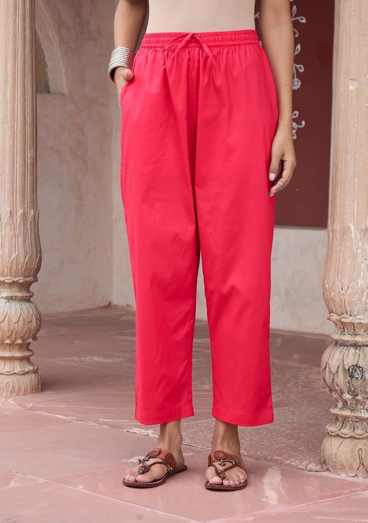 HOC Crafts Glazed Cotton Hand Block Printed with Hand Embroidery Women's 2 PC Co-ord Set - Pink