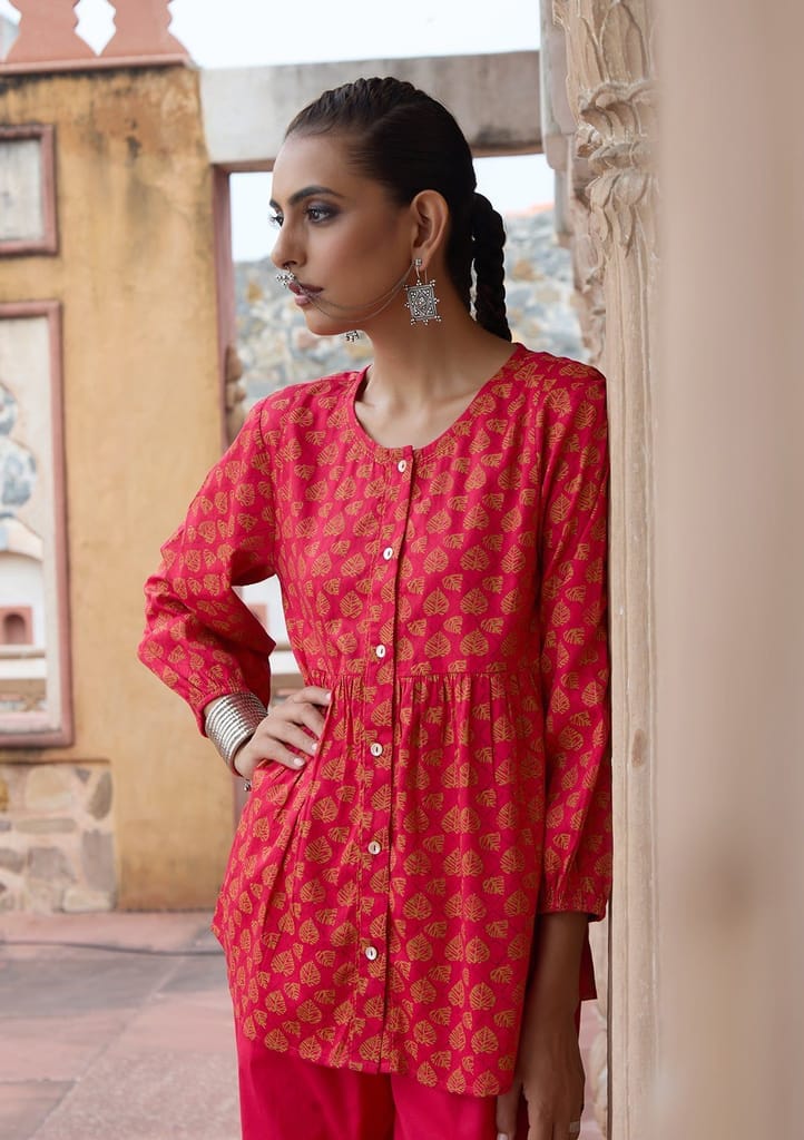 HOC Crafts Glazed Cotton Hand Block Printed with Hand Embroidery Women's 2 PC Co-ord Set - Pink