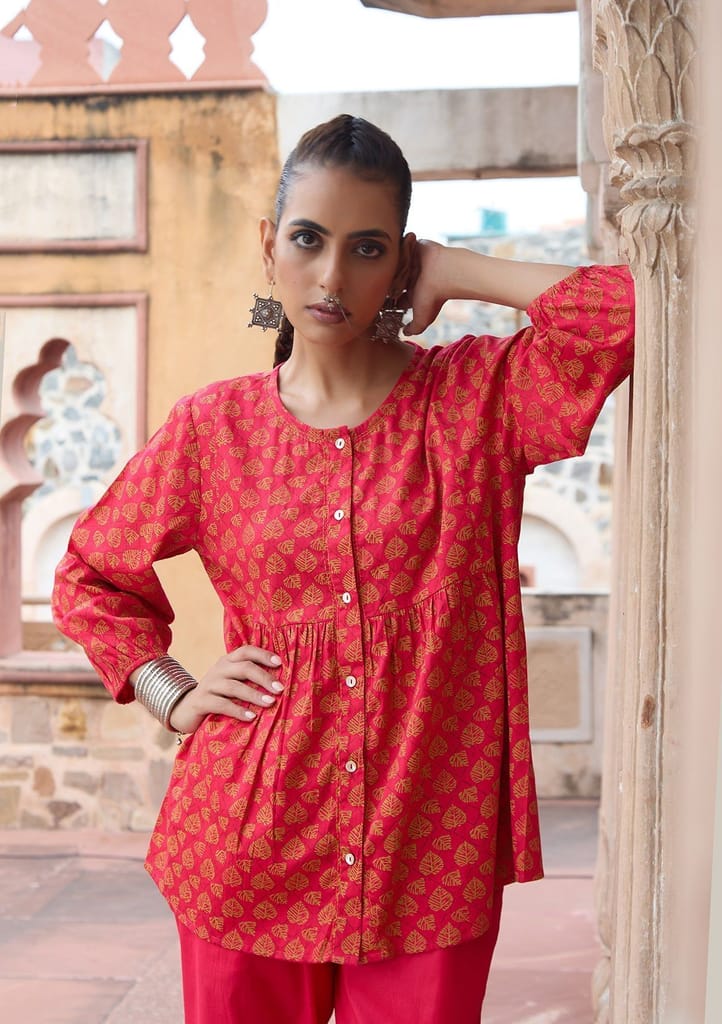 HOC Crafts Glazed Cotton Hand Block Printed with Hand Embroidery Women's 2 PC Co-ord Set - Pink