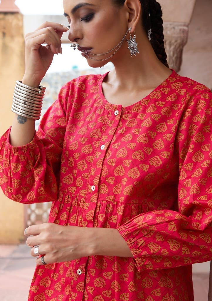 HOC Crafts Glazed Cotton Hand Block Printed with Hand Embroidery Women's 2 PC Co-ord Set - Pink