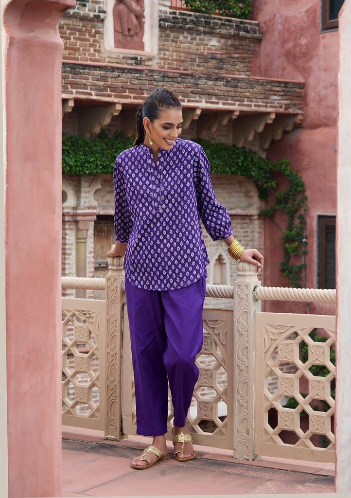 HOC Crafts Glazed Cotton Hand Block Printed with Hand Embroidery Women's 2 PC Co-ord Set - Dark Purple