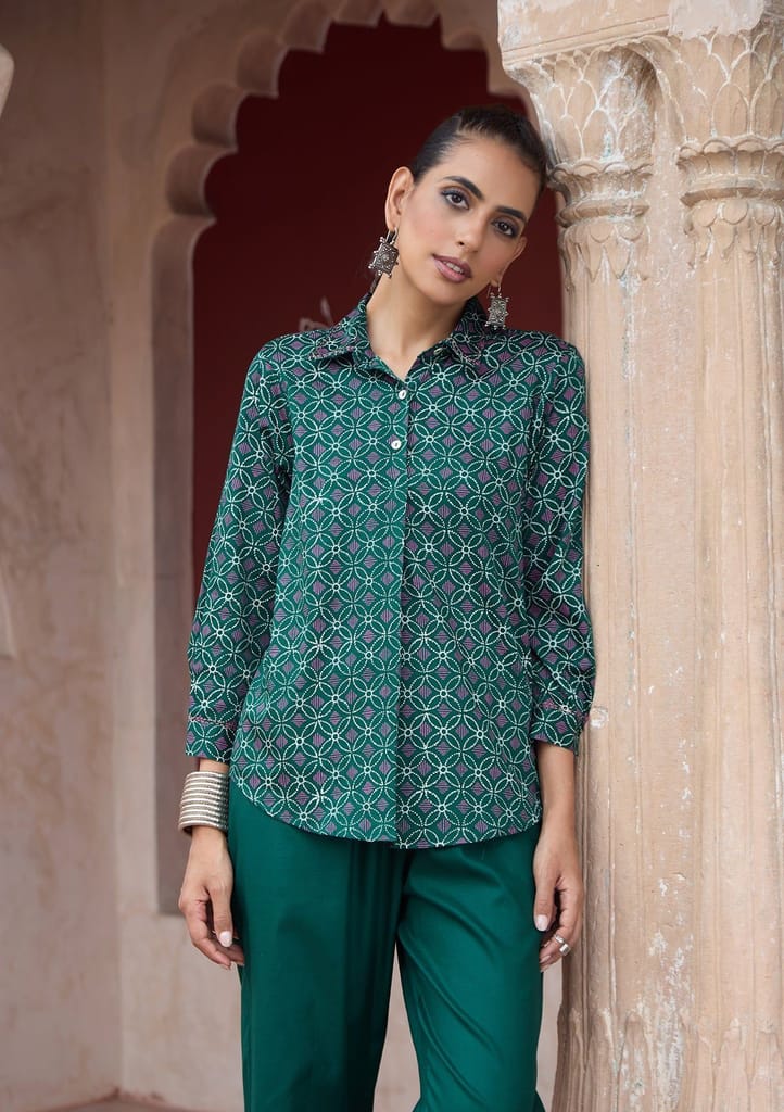 HOC Crafts Glazed Cotton Hand Block Printed with Hand Embroidery Women's 2 PC Co-ord Set - Dark Green
