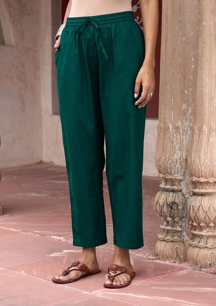 HOC Crafts Glazed Cotton Hand Block Printed with Hand Embroidery Women's 2 PC Co-ord Set - Dark Green