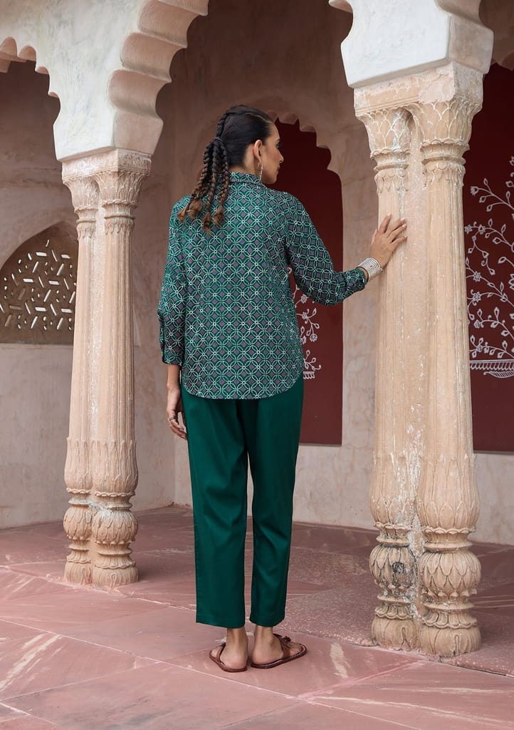 HOC Crafts Glazed Cotton Hand Block Printed with Hand Embroidery Women's 2 PC Co-ord Set - Dark Green