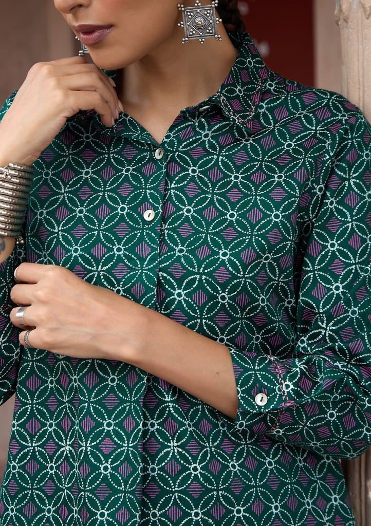 HOC Crafts Glazed Cotton Hand Block Printed with Hand Embroidery Women's 2 PC Co-ord Set - Dark Green