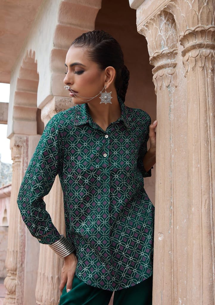 HOC Crafts Glazed Cotton Hand Block Printed with Hand Embroidery Women's 2 PC Co-ord Set - Dark Green