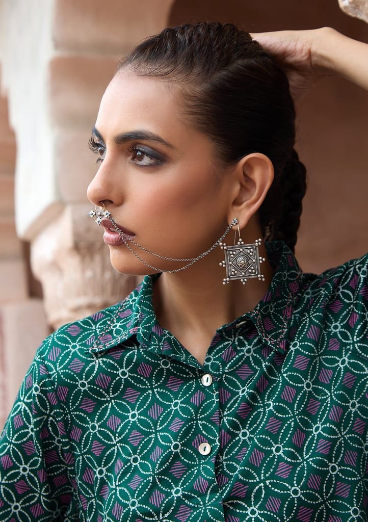 HOC Crafts Glazed Cotton Hand Block Printed with Hand Embroidery Women's 2 PC Co-ord Set - Dark Green