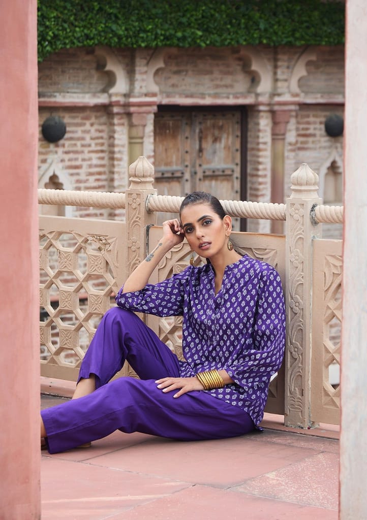 HOC Crafts Glazed Cotton Hand Block Printed with Hand Embroidery Women's 2 PC Co-ord Set - Dark Purple